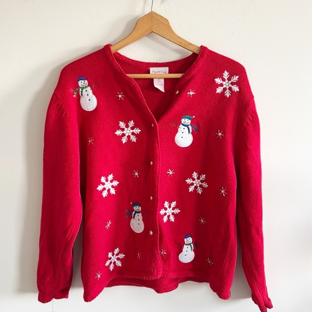 Vintage 90s red Christmas snowman chunky embroidered cardigan sweater size Med